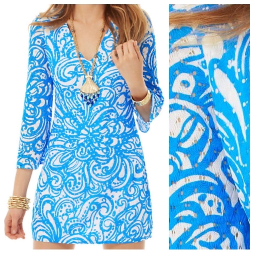 Lilly Pulitzer Dress V-Neck Paisley Print Resort Crochet Tunic Blue Size Large